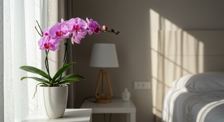 Pink orchid in pot on table in bright bedroom interior design scene