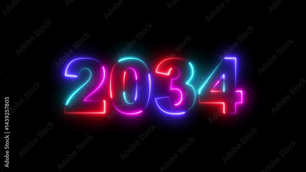 Poster 2034 neon line text. abstract 2034 neon text animation, glowing neon number text background. four co