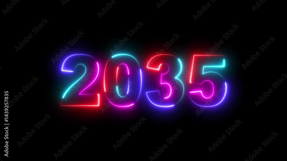Poster 2035 neon line text. abstract 2035 neon text animation, glowing neon number text background. four co