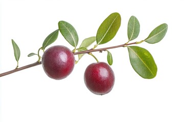 Close-up of ripe berries on a branch with green leaves against a white background