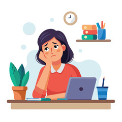 Bored woman sitting at desk. Tired sad office worker. Procrastination, burnout and boredom concept. Depressed upset exhausted lazy student. Flat vector illustration isolated on white background