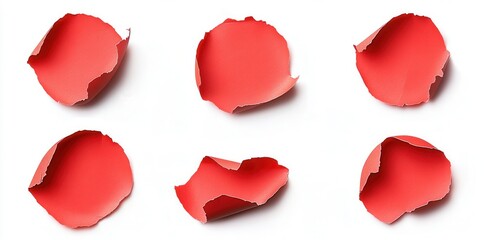 Close-up of torn red paper pieces showcasing texture and form against a white background