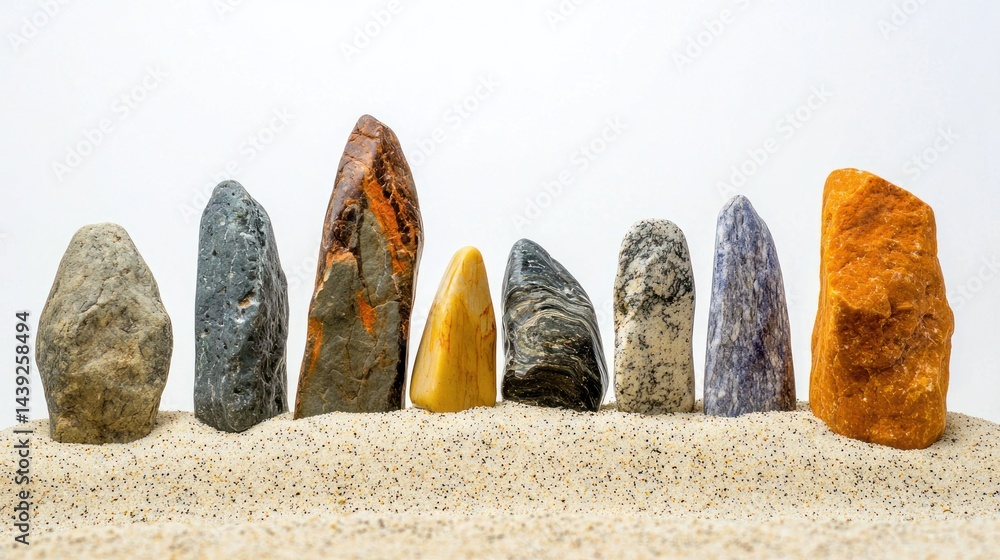 Poster group of multi-colored rocks arranged with varying heights on smooth sand on a white background