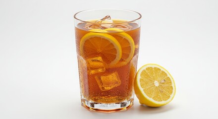Refreshing iced tea with lemon slices a perfect summer beverage closeup