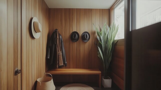 Hallway features a wooden bench, hats on wall, and indoor plants. Ideal for design blogs showcasing home decor and entryway inspiration.