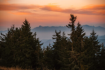 Sunset over Liptov region in Low Tatras mountains. Lajstoch near certovica pass landspace, slovakia.