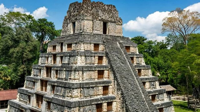 Ancient Pyramid of Tikal Among Lush Greenery Under Bright Blue Sky in Guatemala