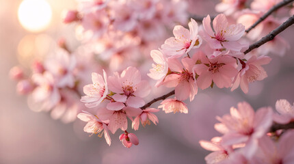 Obraz premium Soft sunlight highlighting blooming baby pink cherry blossom flower vines with fresh petals on a warm pink pastel background for peace stock photo floral botanical wallpaper background