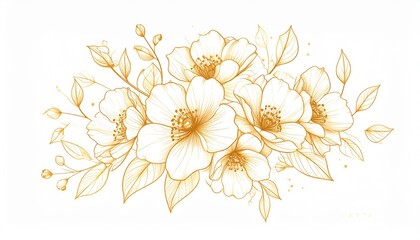 Elegant Gold Line Art Flowers Botanical Illustration Floral Design Wedding Invitation