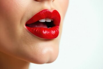 Obraz premium Close-up vibrant red lipstick, stark white backdrop, focus, seductive, red lips
