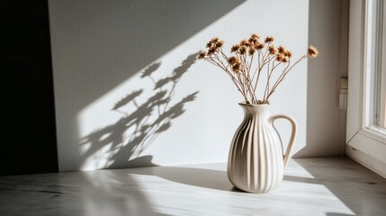 Elegant vase with dried flowers casting shadows on a bright surface in a sunlit room interior design