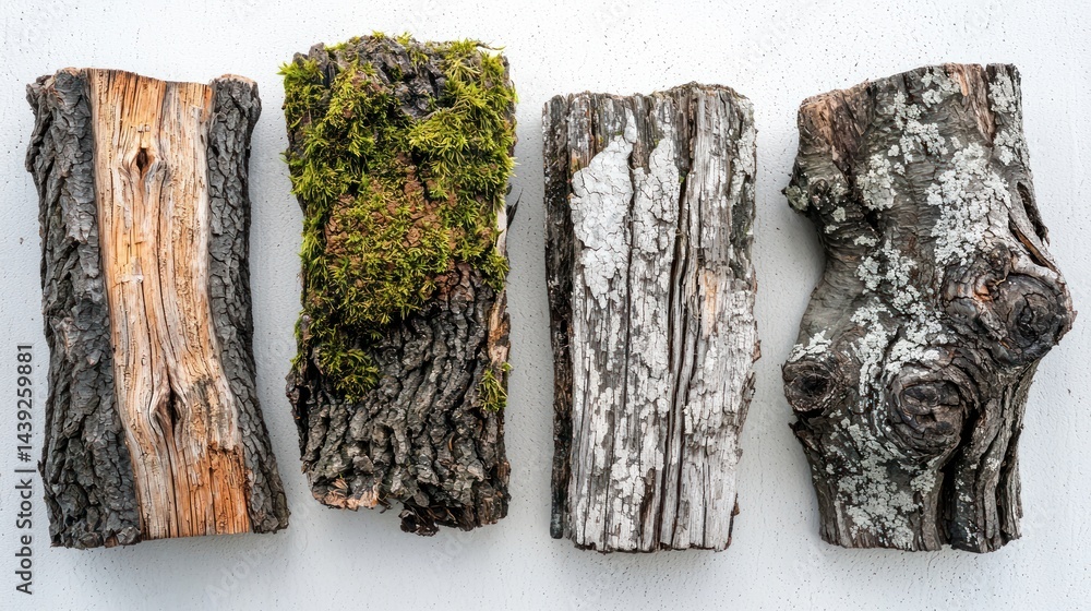 Poster group of old tree trunks with deep cracks and moss patches on white surface.