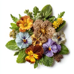 Colorful Pansy and Wildflower Arrangement on White