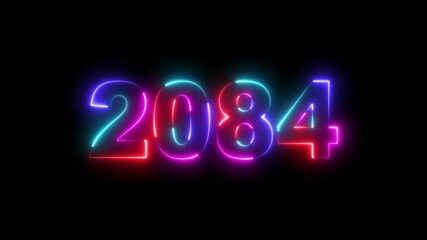 Abstract 2084 neon text animation ,Four rainbow color neon Glowing number text background 4k video. happy new year concept, Abstract 2084 neon line  text animation