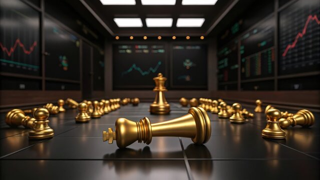 gold prices plunge concept Chess pieces scattered in a high-tech environment with financial graphs in the background.