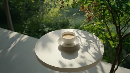 Serene Morning Tea in Minimalist Setting Surrounded by Lush Greenery and Soft Natural Light