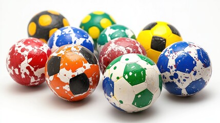 Group of rubberized street soccer balls on white surface.