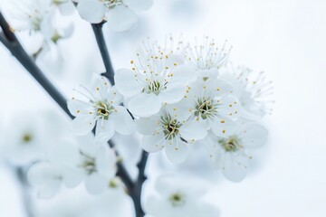 Delicate white cherry blossoms in full bloom against a soft, blurred background