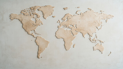 World map, continents, textured wall art, natural colors, decorative design