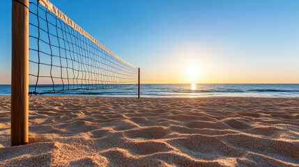 Tranquil beach scene featuring silhouetted volleyball net against stunning sunset. soft sand