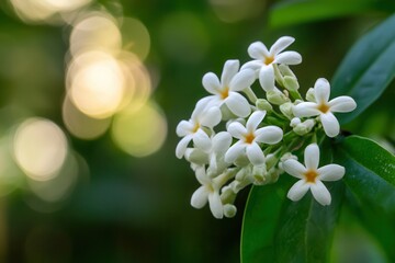 Delicate white flowers bloom amidst a lush green background, creating a serene atmosphere