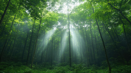 Fototapeta premium Soft sunlight filtering through fog in quiet woodland creates serene atmosphere
