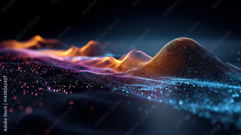 Poster a glowing digital landscape of colorful, abstract waves and data points on a dark background, evokin