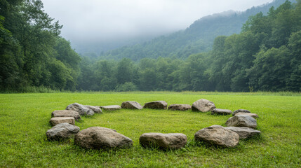 Obraz premium Grounding stone circle in serene forest clearing surrounded by lush greenery and misty mountains