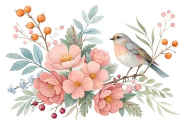 Watercolor Bird and Floral Illustration with Orange Berries and Pink Blooms"
