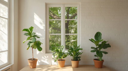 Bright sunlight illuminates indoor plants by window, creating serene atmosphere