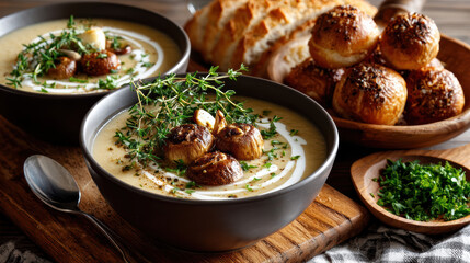 Creamy mushroom soup garnished with fresh thyme, served with bread rolls