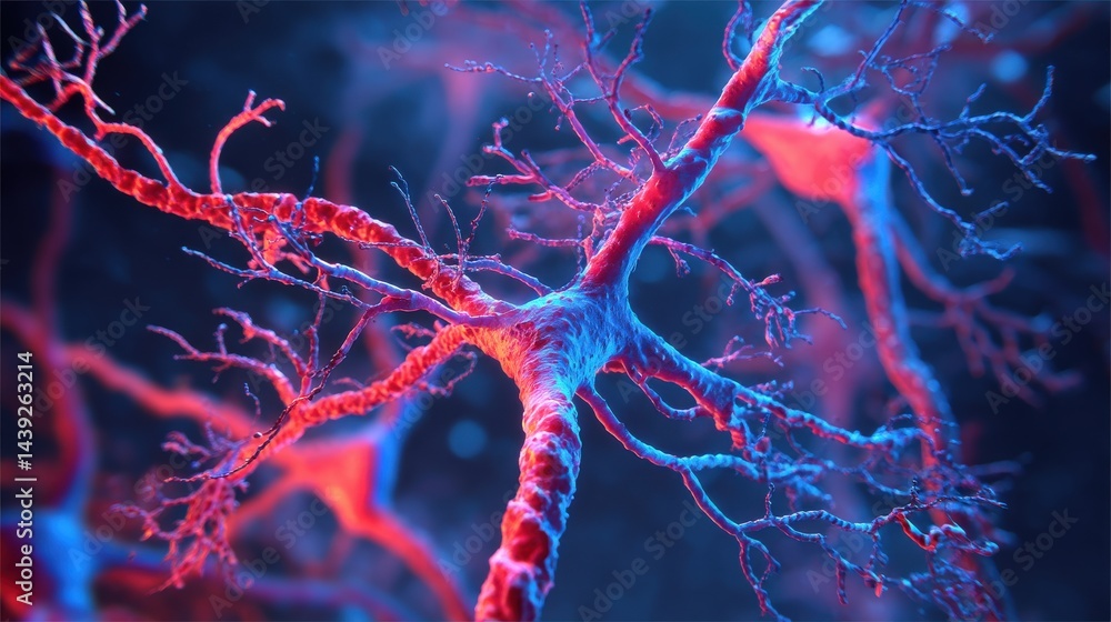 Poster close-up illustration of neural cells interconnected, showcasing detailed neuron structure with glow