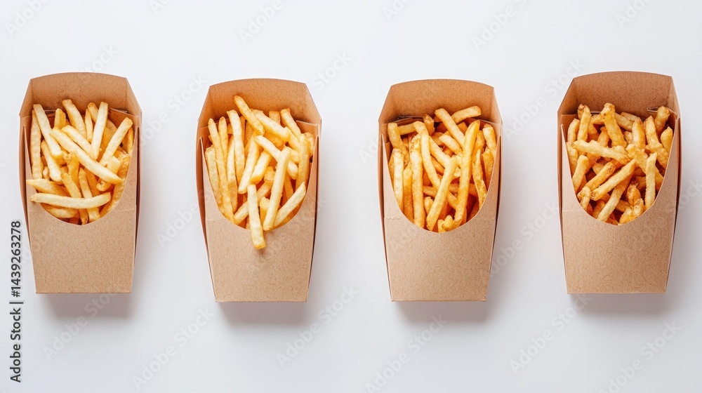 Poster Group of small carton boxes with fries in different shapes on white background