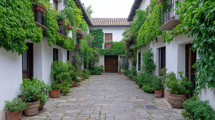 Fototapeta premium Lush courtyard surrounded by greenery and charming architecture, creating serene atmosphere