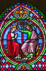 Fototapeta premium Stained glass (19th century) of Coronation of the Virgin Mary, Mother of God, in heaven by Jesus.