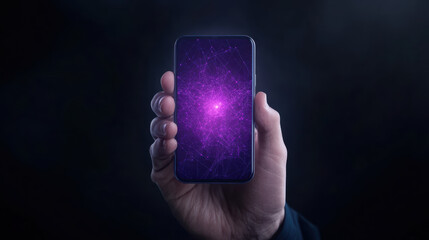 Hand holding smartphone displaying vibrant purple abstract design, symbolizing technology