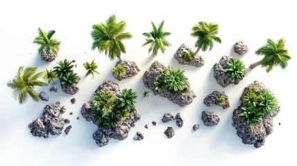 Group of small green palm islands with rocky shorelines on white background.
