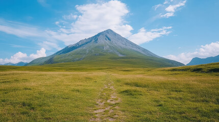 Majestic mountain peak rises above lush green grassland under bright blue sky