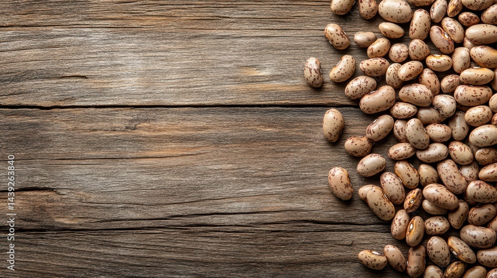 Poster pinto beans lie on a rustic wooden table, with a large empty space. it can be used to advertise reci