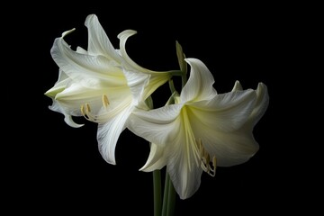 Fototapeta premium Elegant white amaryllis flowers gracefully blooming against a dark background