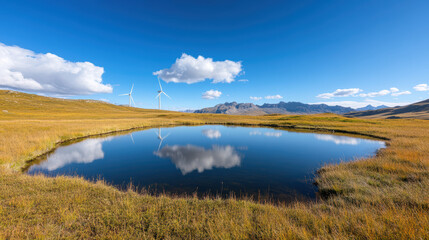 Fototapeta premium Wind turbines reflected in serene lake under clear blue sky create tranquil landscape