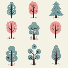Collection of minimalistic tree icons representing various seasons with vibrant colors and unique shapes, perfect for design projects focusing on nature, landscaping, or environmental topics.

