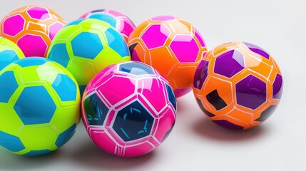 Group of soccer balls with bold neon color combinations on white surface.