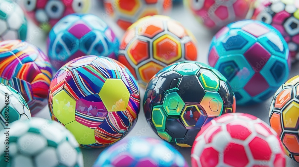 Poster group of soccer balls with vibrant hexagonal patterns on white surface.