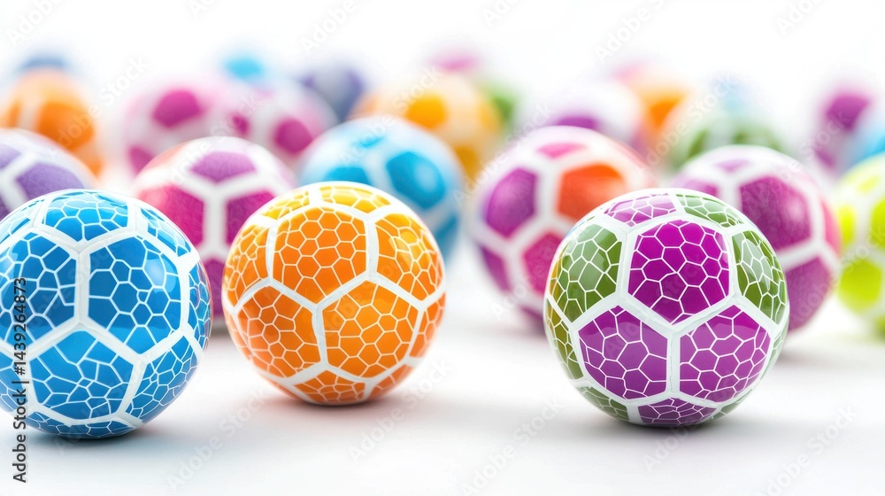 Poster group of soccer balls with vibrant hexagonal patterns on white surface.
