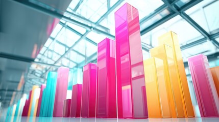 Colorful glass bar graphs stand on a reflective surface under a modern glass ceiling, representing data visualization and analytics.