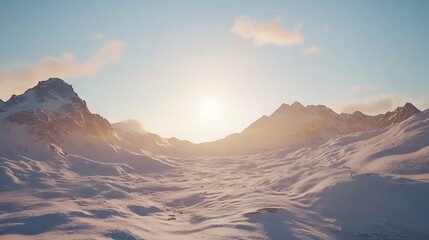 Snowy mountain valley at sunrise