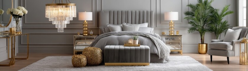 Glamorous bedroom with a crystal chandelier, plush velvet headboard, and mirrored furniture - design classy indulgent