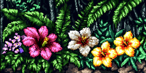 Obraz premium pixel art of stylized tropical leaves and flowers, vibrant pixelated hues, simple block forms