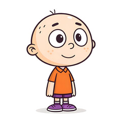 Cute Bald Cartoon Boy Character in Orange Shirt and Purple Shoes – Child Illustration Vector Style
